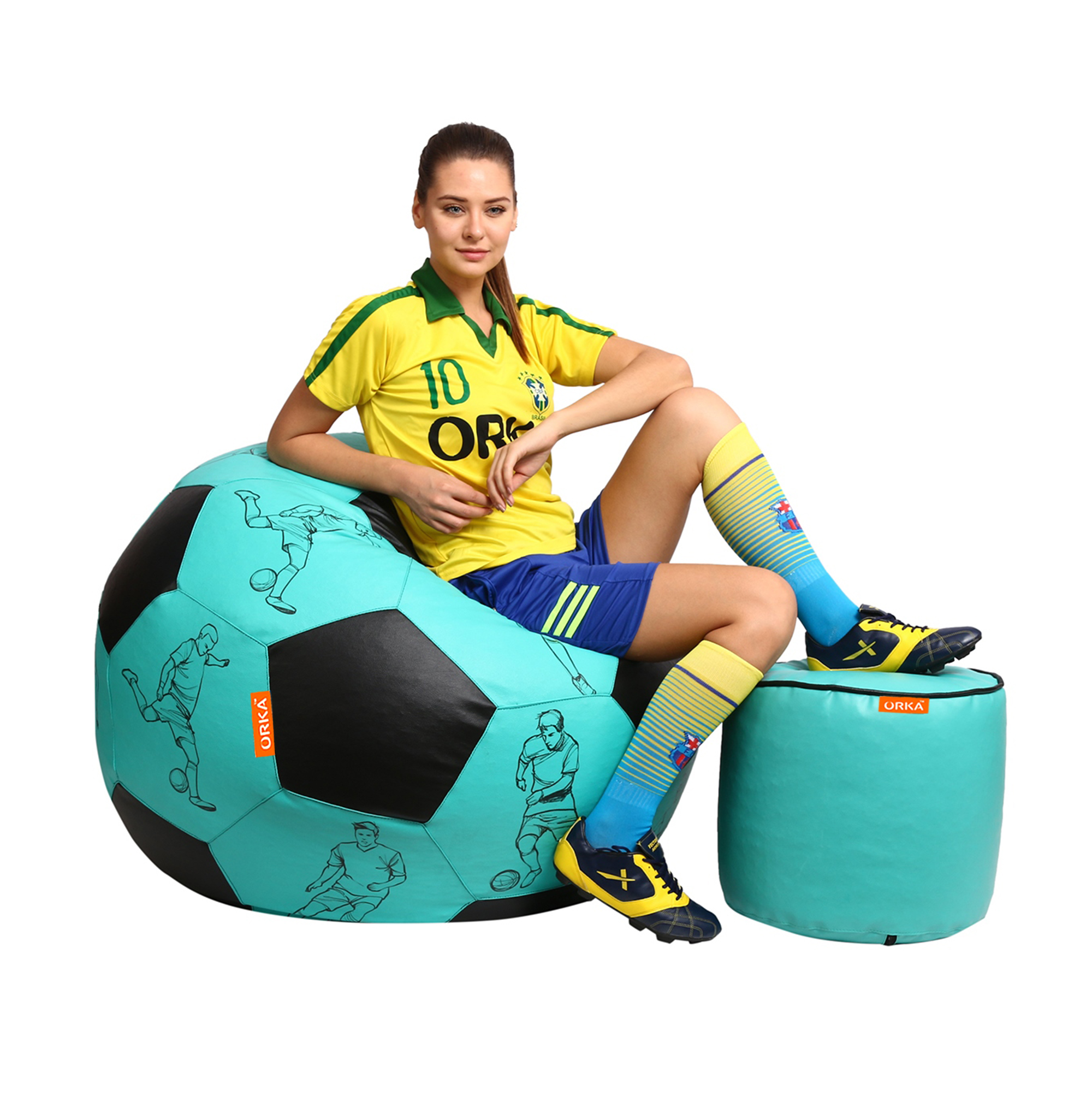 Orka Digital Printed XXXL Foorball With Mathching Footstool Filled Bean Bag With Beans (FB10 Teal,Black) view 3
